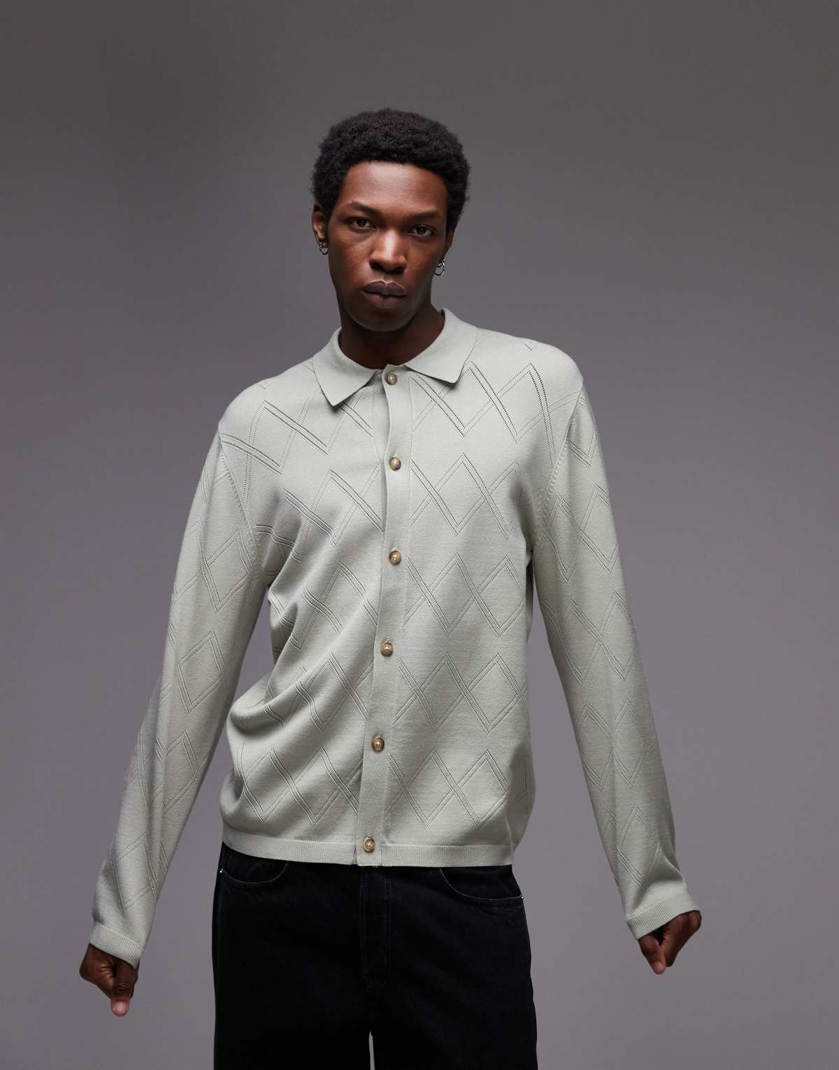 Topman long sleeve knitted pattern crochet shirt in black