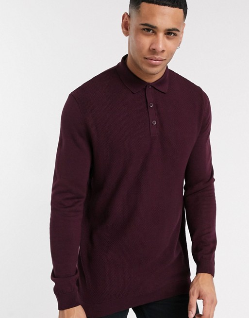 Topman long sleeve knitted polo in burgundy