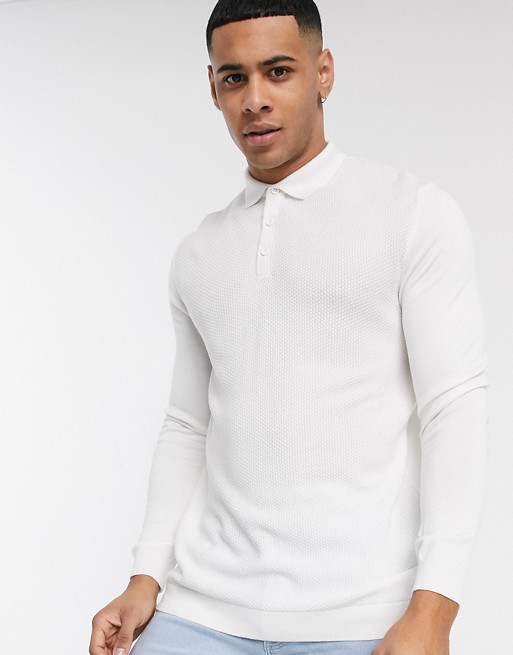 Topman long sleeve knitted polo in white