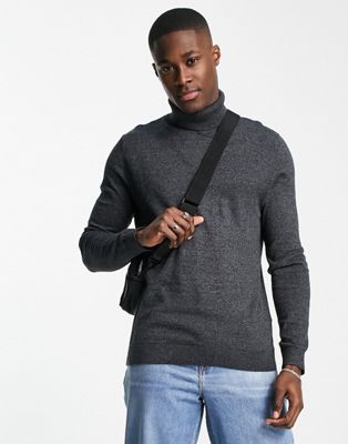 Topman long sleeve knitted roll neck jumper in charcoal