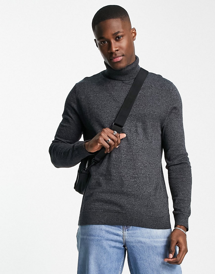 Topman Long Sleeve Knitted Roll Neck Jumper In Charcoal-Grey