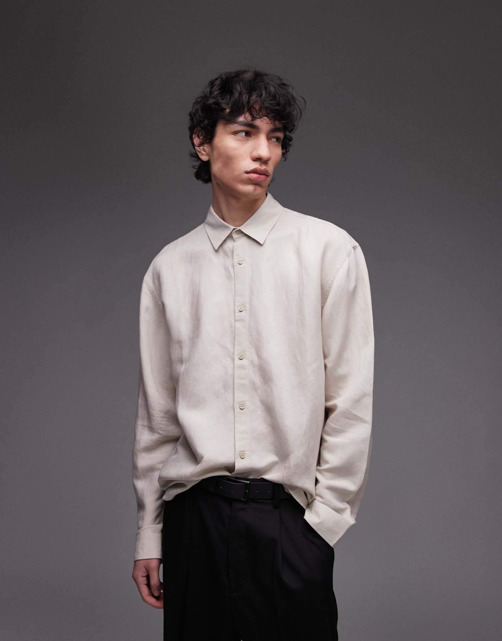 Рубашка из льняной смеси Topman с длинным рукавом цвета экрю