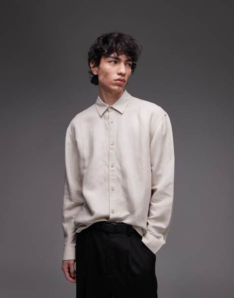 Topman long sleeve linen shirt in ecru - view 1