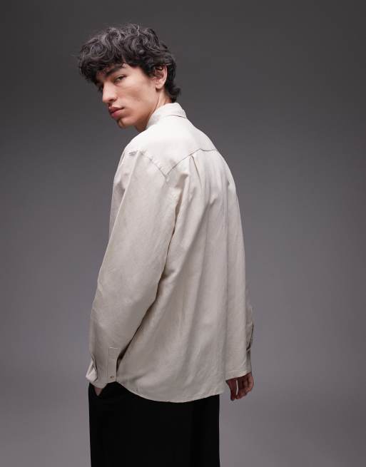 Topman long sleeve linen shirt in ecru, 3 of 4