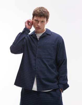 Topman Topman long sleeve mid weight blue check shirt-Navy