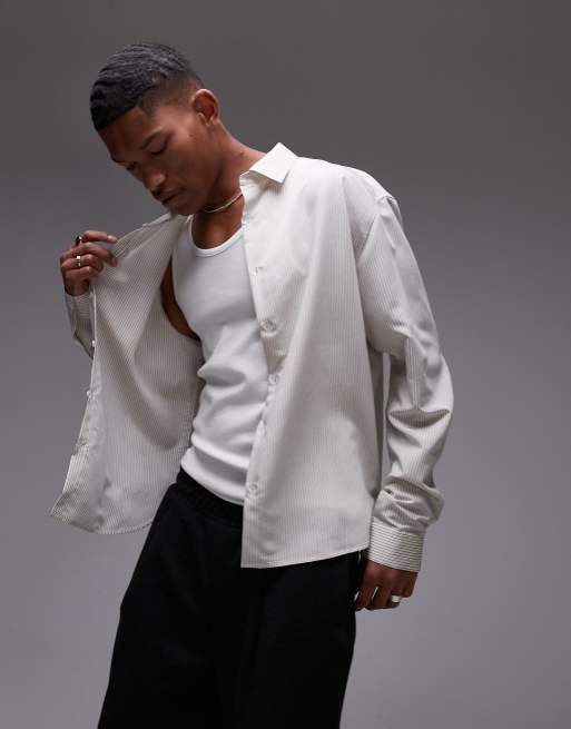 Topman long sleeve mini stripe relaxed shirt in cream