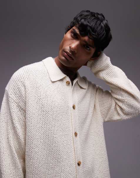 Topman long sleeve open knit shirt in cream - view 1