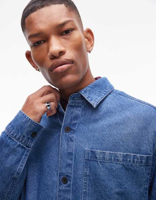 Topman long sleeve overshirt in blue denim, 2 of 4
