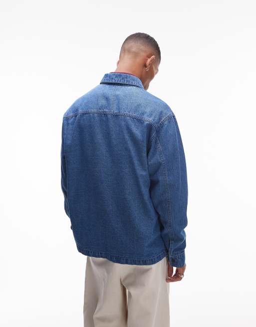 Topman long sleeve overshirt in blue denim, 4 of 4