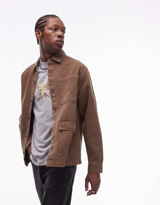 Topman - long sleeve overshirt in brown