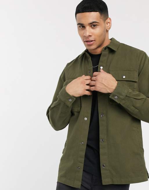 Topman long sleeve overshirt in khaki | ASOS