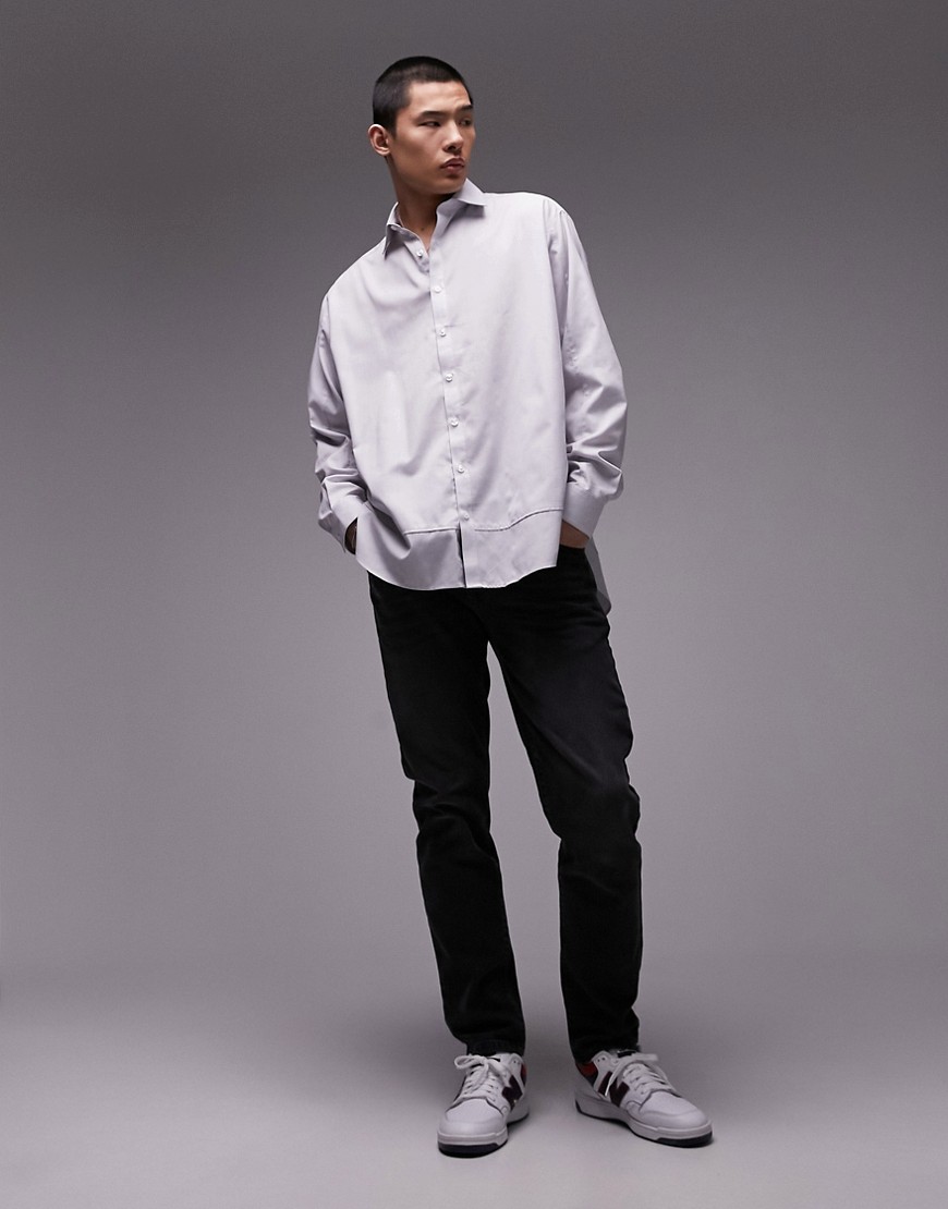 Topman Long Sleeve Oversized Double Hem Striped Shirt In Multi-gray