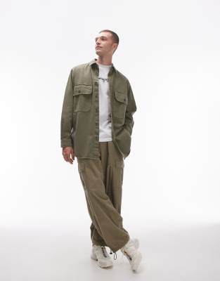 Topman long sleeve oversized double pocket twill shirt in washed green