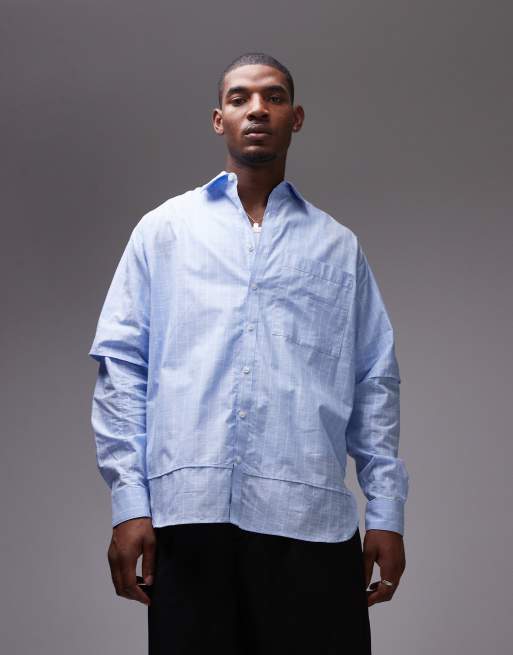 Topman long sleeve oversized double sleeve cotton shirt in blue stripe