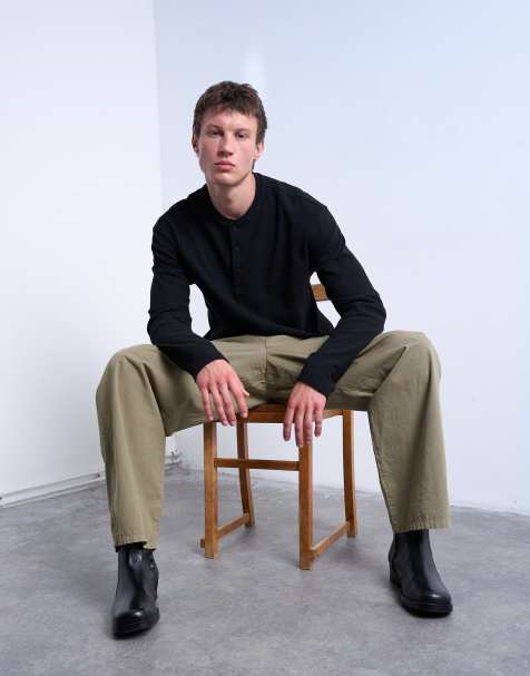 Topman long sleeve oversized fit waffle T-shirt with henley in black - view 1