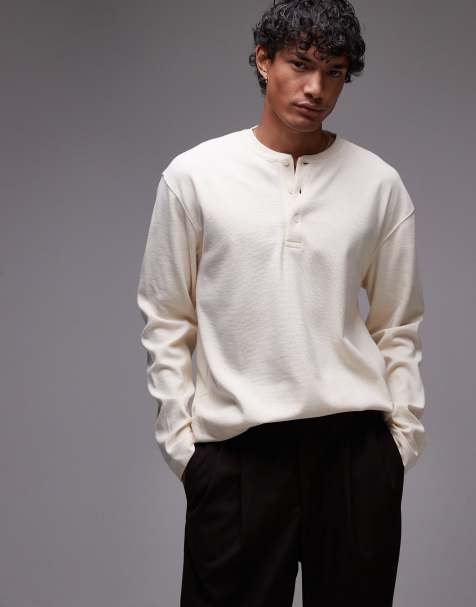 Topman long sleeve oversized fit waffle T-shirt with henley in ecru - view 1
