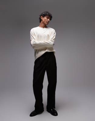 Topman Long Sleeve Oversized Fit Waffle T-shirt With Henley In White
