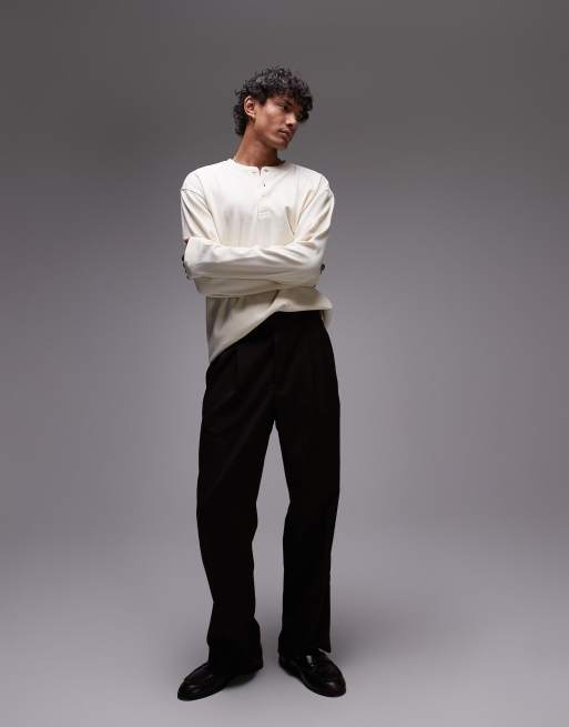 Topman long sleeve oversized fit waffle t-shirt with henley in ecru