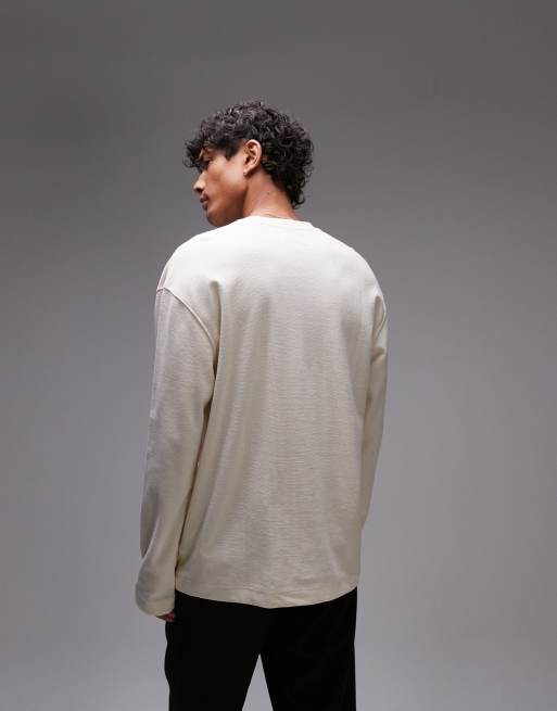 Topman long sleeve oversized fit waffle t-shirt with henley in ecru