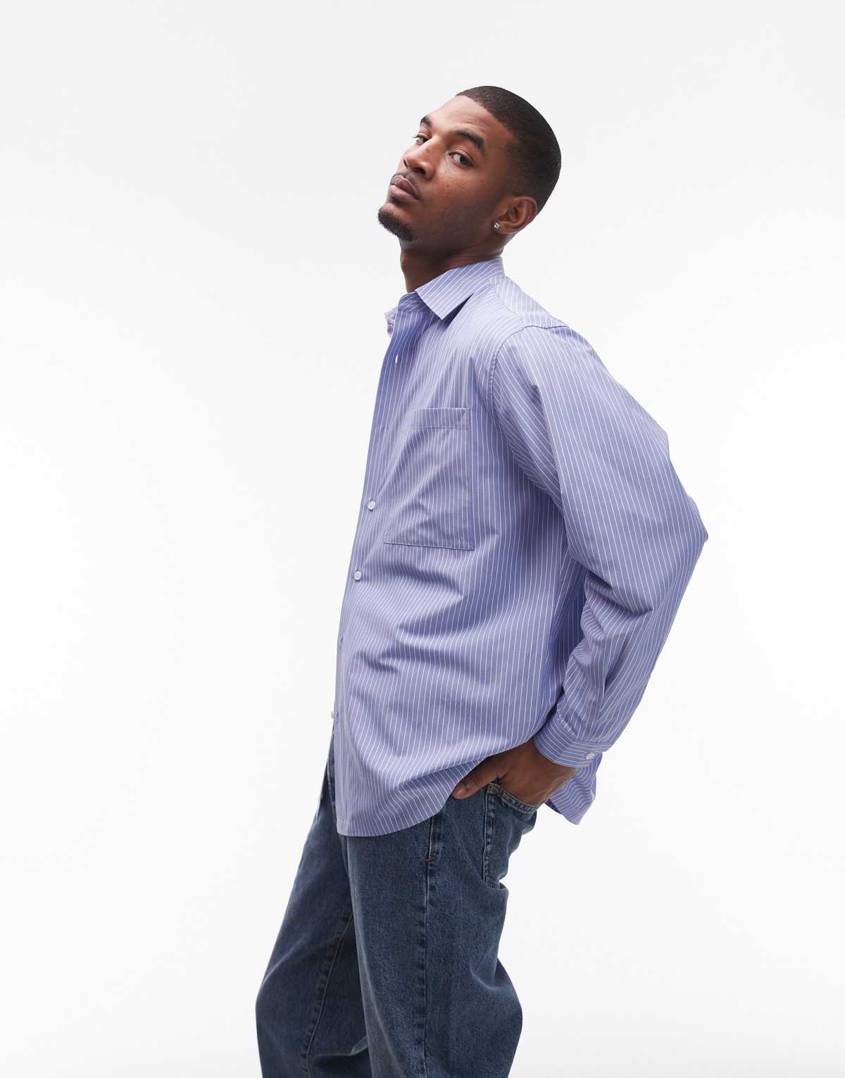 Topman long sleeve oversized formal stripe shirt in light blue