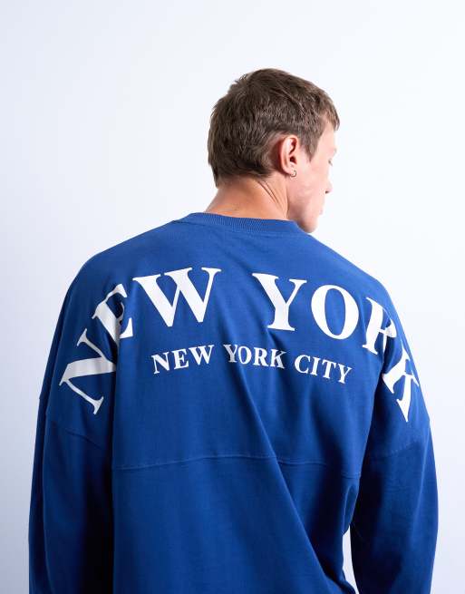 Topman long sleeve oversized New York City print t-shirt in mid blue
