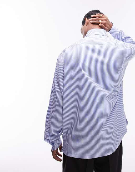 Topman long sleeve oversized one pocket striped shirt in blue ASOS