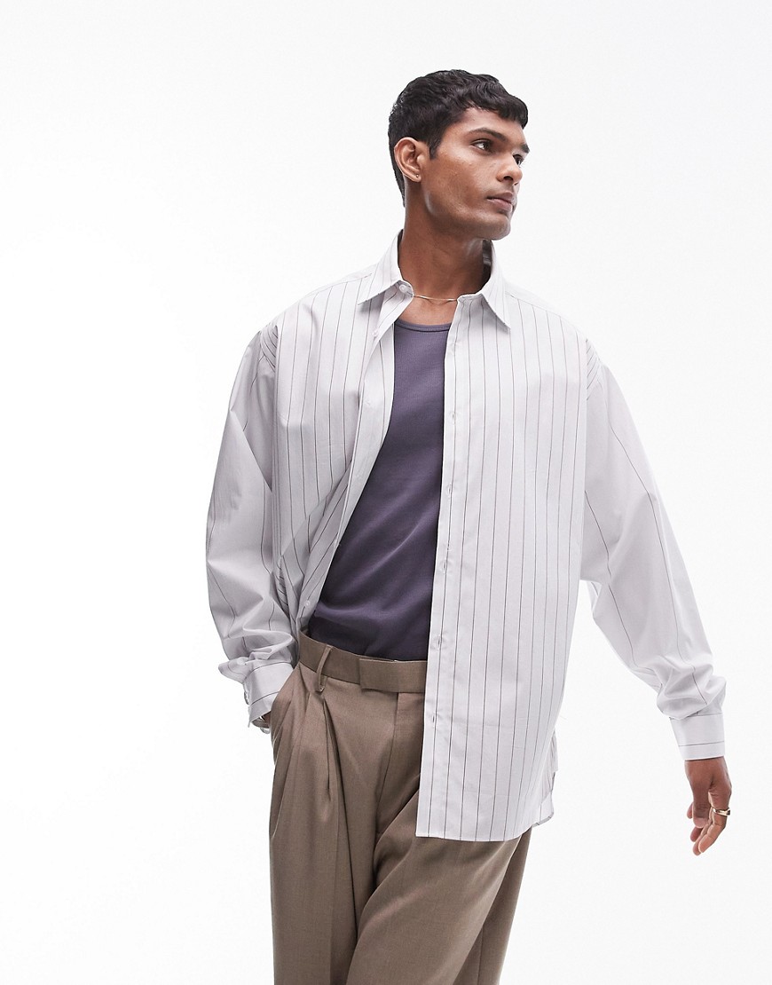 Topman long sleeve oversized pin stripe shirt in cream-White
