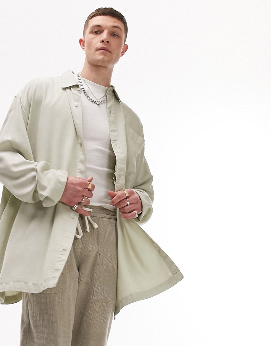 Topman Long Sleeve Oversized Pocket Shirt In Sage-green