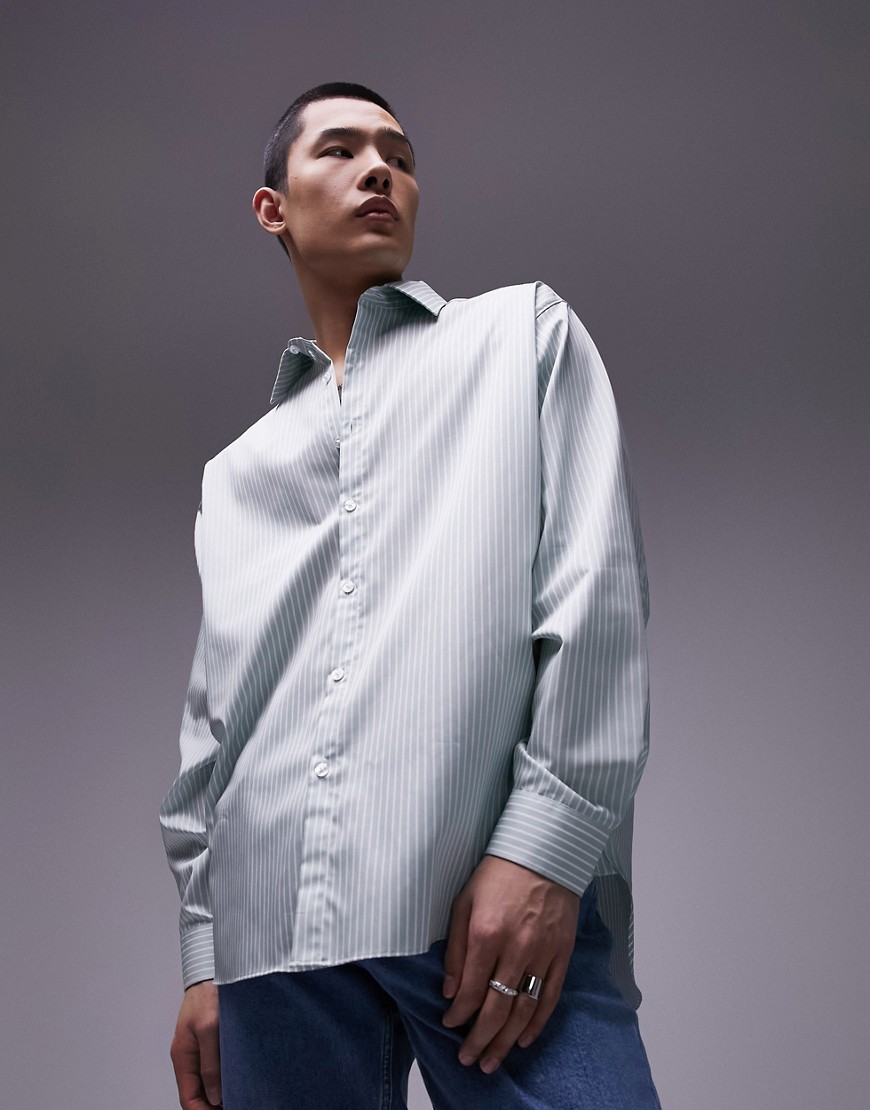 Topman long sleeve oversized premium stripe cotton shirt in green