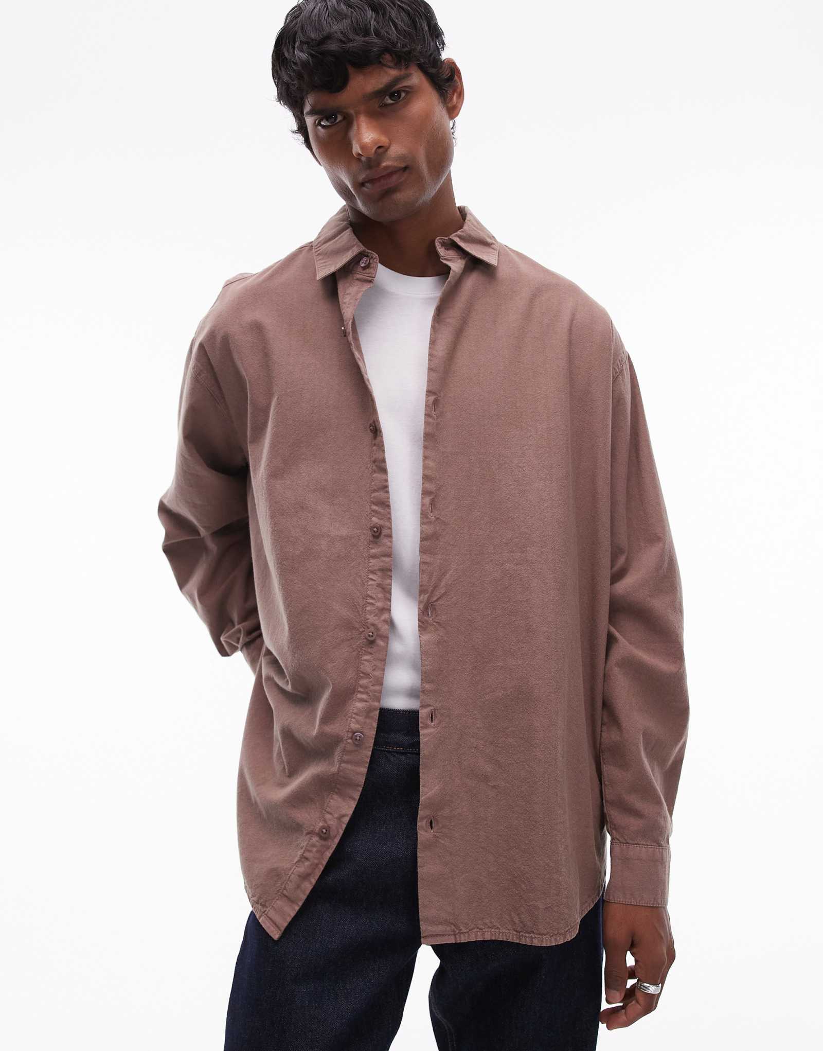 Застиранная коричневая рубашка оверсайз Topman с длинным рукавом