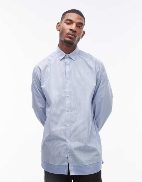 Topman long sleeve oversized spliced blue stripe shirt - view 1