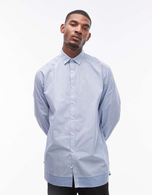 Topman long sleeve oversized spliced blue stripe shirt