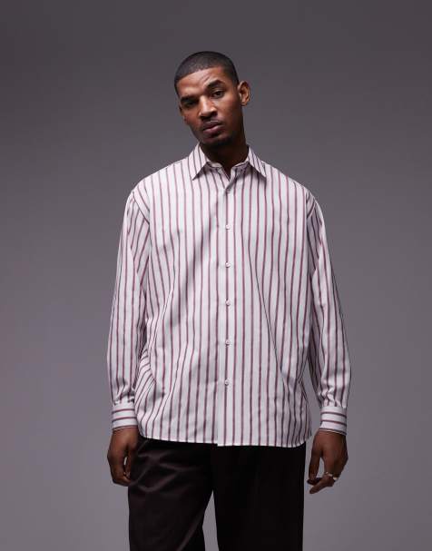 Topman long sleeve oversized stripe shirt in brick red - view 1