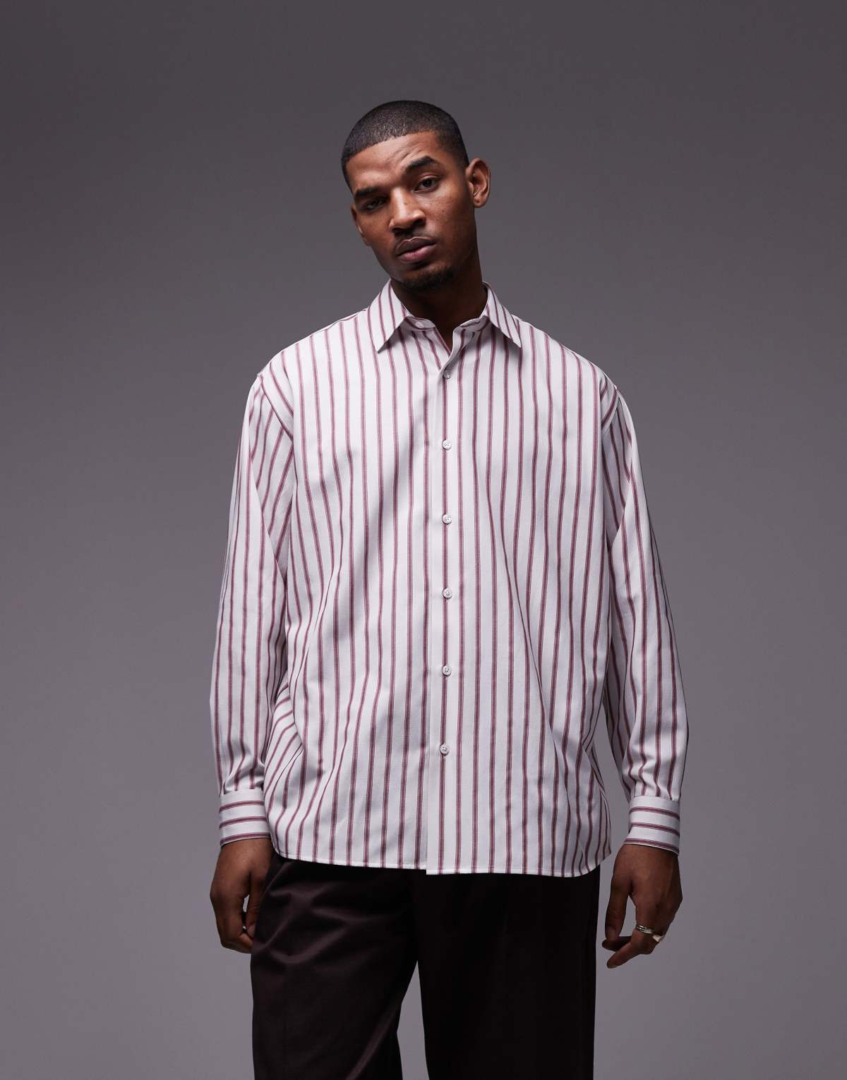 Topman long sleeve oversized stripe shirt in brick red