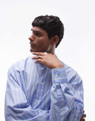 Topman Long Sleeve Oversized Striped Cotton Shirt In Blue