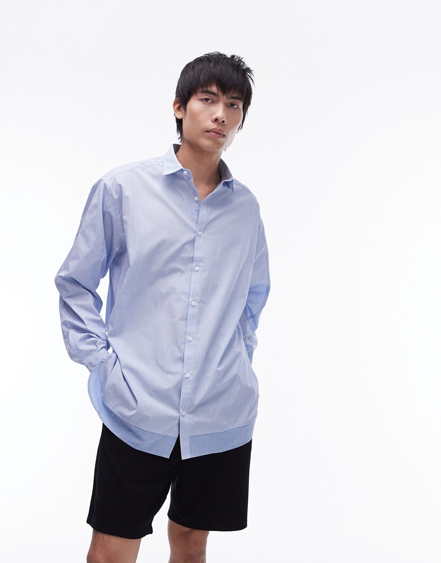Topman long sleeve oversized striped double layer hem shirt in blue
