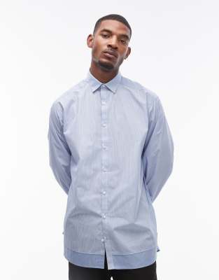 Topman Long Sleeve Oversized Striped Double Layer Shirt In Blue