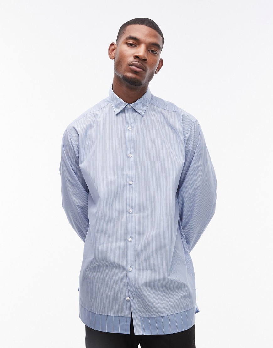Topman Long Sleeve Oversized Striped Double Layer Shirt In Blue