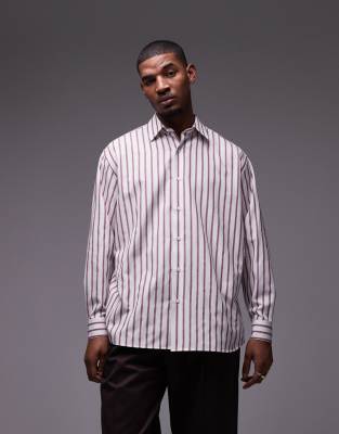 Topman long sleeve oversized striped shirt in brick red - view 1