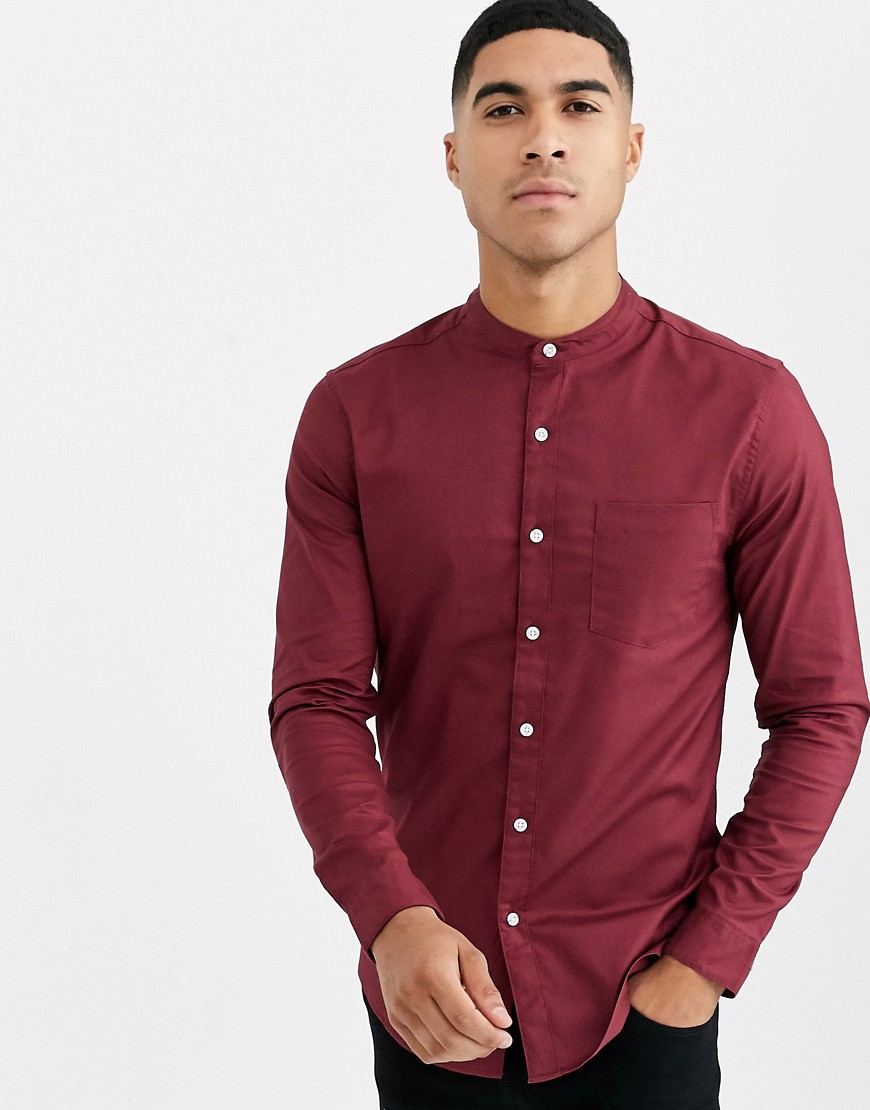 Topman long sleeve oxford shirt with grandad collar in burgundy-Red