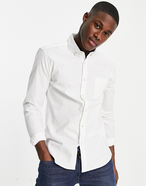 Topman long sleeve oxford stretch shirt in white