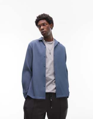 Topman long sleeve plisse shirt in light blue