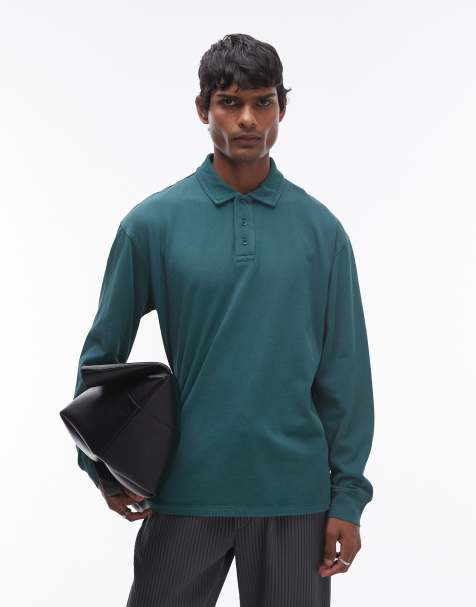 Topman long sleeve polo in washed green