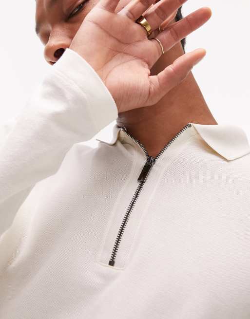 Topman long sleeve polo zip in contrast tape placket in ecru