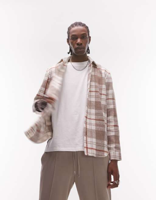 Topman long sleeve regular check overshirt in cream