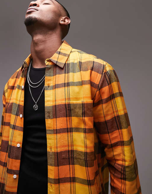 Topman long sleeve regular check shirt with drawstring hem in orange, 3 of 4