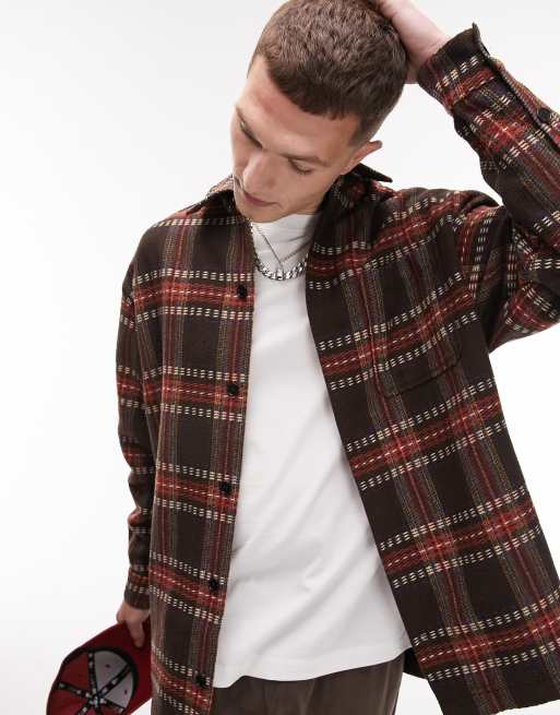 Topman long sleeve regular checked tick overshirt in brown | ASOS