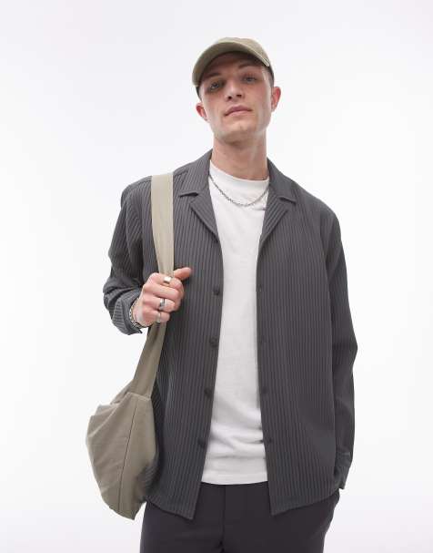 Topman long sleeve regular fit camp collar plisse shirt in charcoal - view 1