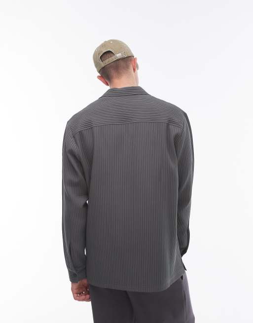 Topman long sleeve regular fit camp collar plisse shirt in charcoal, 3 of 4