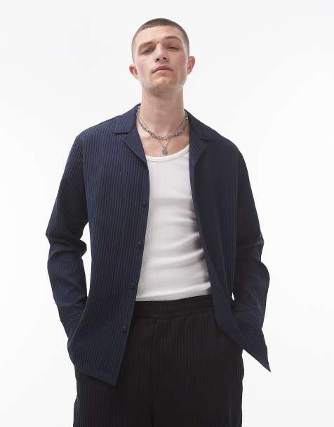 Topman long sleeve regular fit camp collar plisse shirt in navy - view 1